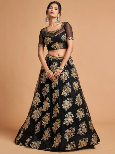Awesome Black Zari Embroidery Net Party Wear Lehenga Choli